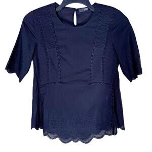 Steffen Schraut Pintucked Embroidered Black Cotton Top Women's Small Chic Modest